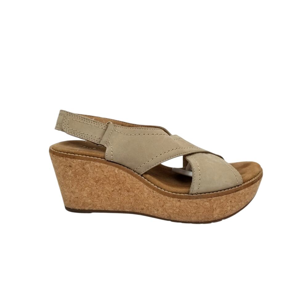 Clarks Artisan Aisley Tulip Cork Wedge Heel Leather Slingback Sandals Tan Size 8 - Picture 3 of 8